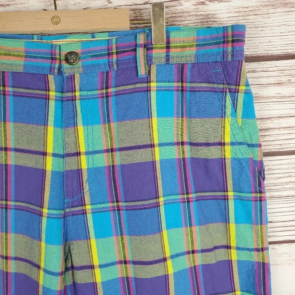IZOD Mens Size 36x10 Blue/Green/Yellow/Purple Vibrant Plaid Cotton Golf Shorts - Picture 3 of 11